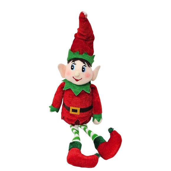 Plush Christmas Red and Green Elf Set, Striped Leggings, Adjustable Elf Hat - Picture 3 of 6